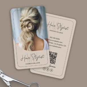 Hair Stylist Monogram Logo Photo Beige Business Card