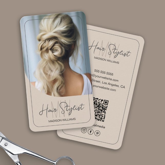 Hair Stylist Monogram Logo Photo Beige Business Card (Hair Stylist Monogram Logo Photo Beige Business Card)