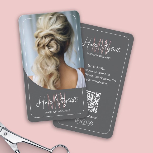 Hair Stylist Monogram Logo Photo Grey Business Card (Hair Stylist Monogram Logo Photo Gray Business Card)