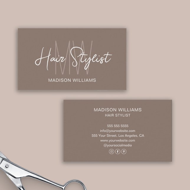 Hair Stylist Monogram Logo Taupe Business Card (Hair Stylist Monogram Logo Taupe Business Card)