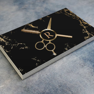 Hair Stylist Monogram Luxury Black & Gold Marble Business Card