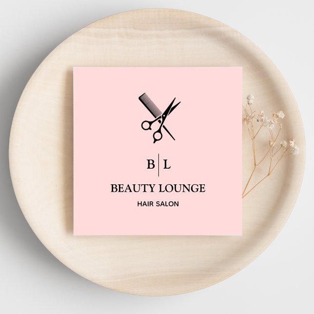 Hair Stylist Monogram Minimalist Blush Pink Square Business Card (Creator Uploaded)