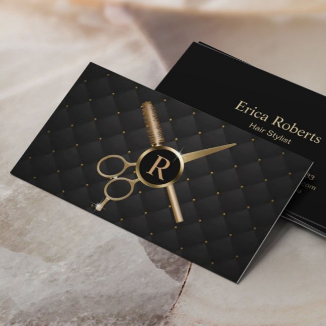 Hair Stylist Monogram Modern Black & Gold Business Card (Creator Uploaded)