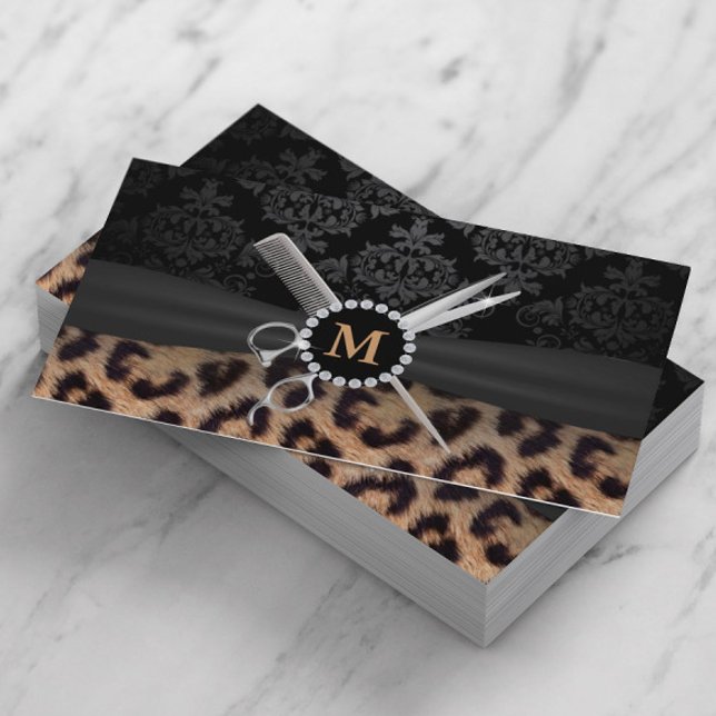 Hair Stylist Monogram Modern Leopard Print Business Card (Creator Uploaded)