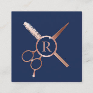 Hair Stylist Monogram Modern Rose Gold Navy Blue Square Business Card