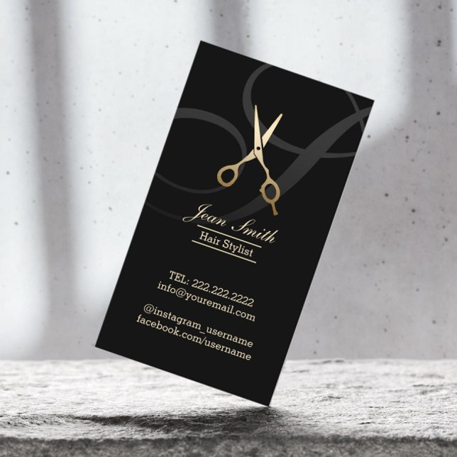 Hair Stylist Monogram Script Gold Scissor Modern Business Card (Creator Uploaded)