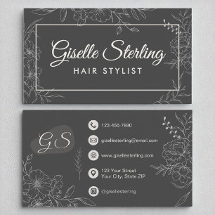 Hair Stylist Moody Charcoal Grey Floral Modern Business Card