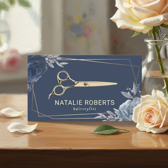 Hair Stylist Navy Blue Floral Geometric Gold Frame Business Card (Creator Uploaded)