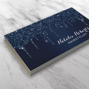 Hair Stylist Navy Blue Glitter Drips Beauty Salon Business Card