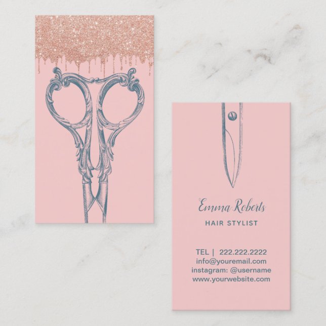 Hair Stylist Navy Blue Scissor Blush Pink Modern Business Card (Front/Back)