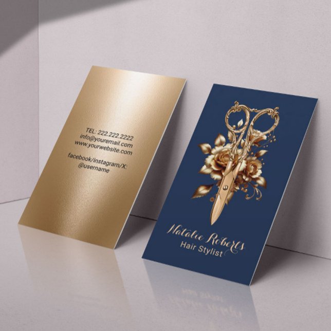 Hair Stylist Navy & Gold Scissor Flower Salon SPA Business Card (Creator Uploaded)