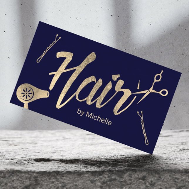 Hair Stylist Navy & Gold Typography Beauty Salon Business Card (Creator Uploaded)