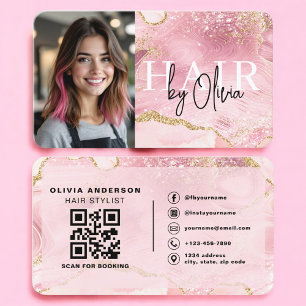 Hair Stylist Photo QR Code Pink Marble Business Card