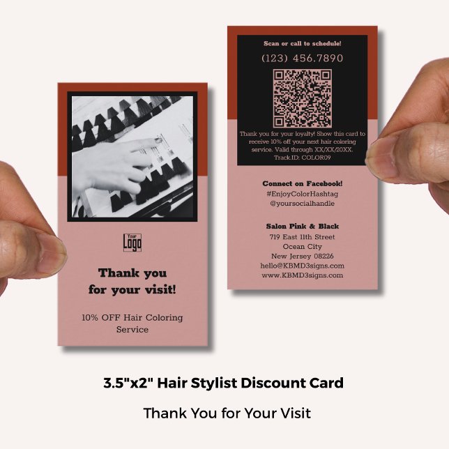 Hair Stylist Pink Black & Red Thank You Loyalty Discount Card (Hair Stylist Pink Black & Red Thank You Loyalty Discount Card; Standard Size: 3.5x2 Inch (US))