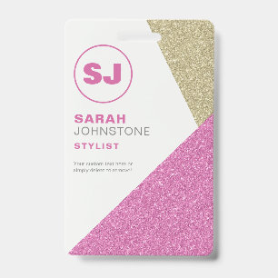 Hair Stylist Pink & Gold Glitter Initial ID Badge