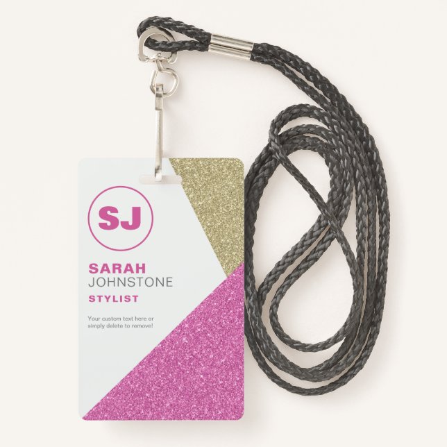 Hair Stylist Pink & Gold Glitter Initial ID Badge (Front with Lanyard)