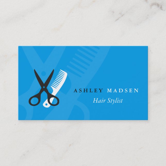 Hair Stylist - Plain Blue Scissor Comb Logo Business Card (Front)