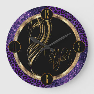 Hair Stylist Purple Glitter and Leopard Print Large Clock