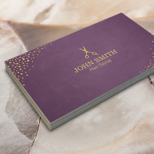 Hair Stylist Purple Gold Dots & Scissor Business Card