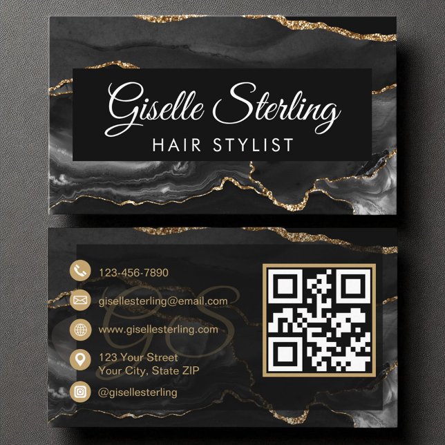 Hair Stylist QR Code Black Gold Agate Luxury  Business Card (Creator Uploaded)