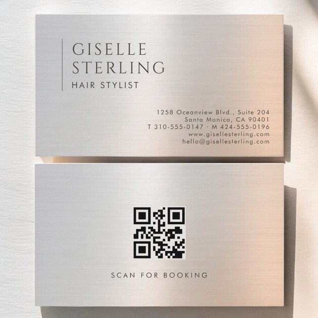 Hair Stylist QR Code Brushed Metal Business Card (Creator Uploaded)