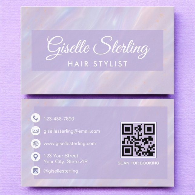 Hair Stylist QR Code Iridescent Pastel Opal  Business Card (Creator Uploaded)