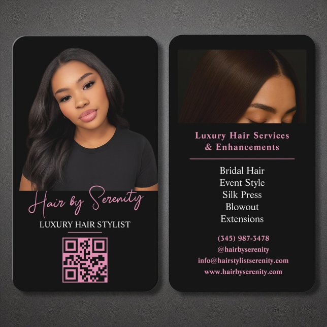 Hair Stylist QR Code Luxury Black Pink Beauty Business Card (Creator Uploaded)