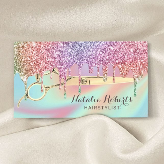 Hair Stylist Rainbow Glitter Drips Beauty Salon Business Card (Creator Uploaded)