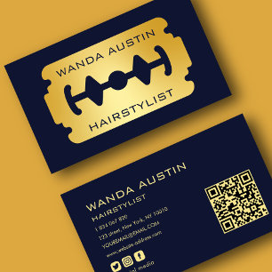 Hair stylist Razor Blade Navy And Gold Qr Code Business Card