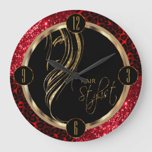 Hair Stylist Red Glitter and Leopard Print Large Clock