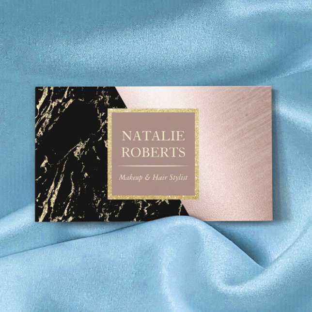 Hair Stylist Rose Gold Black Marble Makeup Artist Business Card (Creator Uploaded)