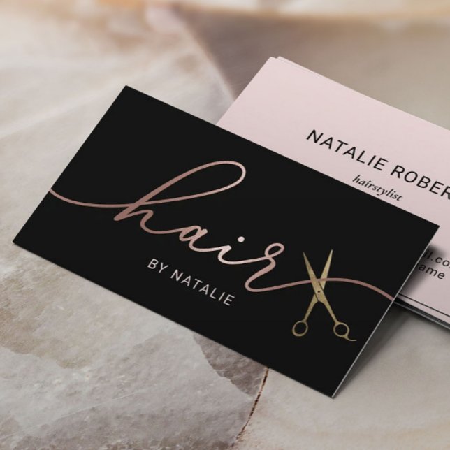 Hair Stylist Rose Gold Calligraphy Beauty Salon Business Card (Creator Uploaded)