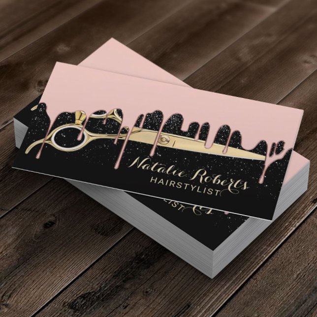 Hair Stylist Rose Gold Dripping Black Glitter Business Card (Creator Uploaded)