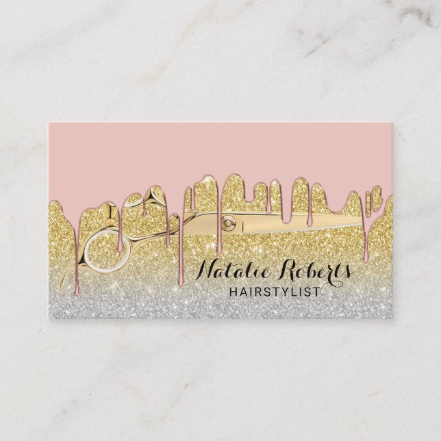Hair Stylist Rose Gold Dripping Gold Glitter Salon Business Card (Front)