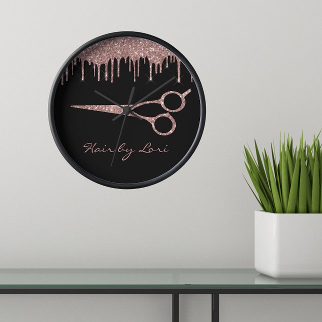 Hair Stylist Rose Gold Drips Glitter Scissors Clock (Creator Uploaded)
