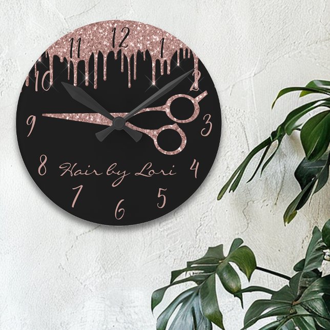 Hair Stylist Rose Gold Drips Glitter Scissors Roun Round Clock (Creator Uploaded)