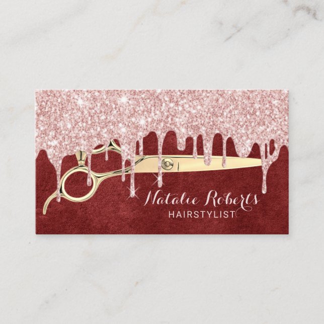 Hair Stylist Rose Gold Drips Red Velvet Salon Business Card (Front)