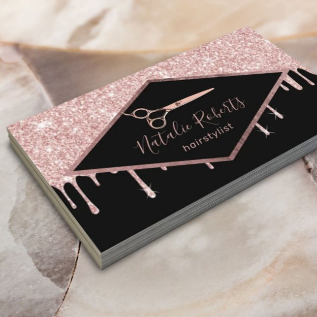 Hair Stylist Rose Gold Glitter Drips Modern Salon Business Card (Creator Uploaded)