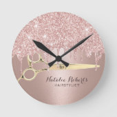 Hair Stylist Rose Gold Glitter Drips Modern Salon Round Clock (Front)