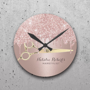 Hair Stylist Rose Gold Glitter Drips Modern Salon Round Clock