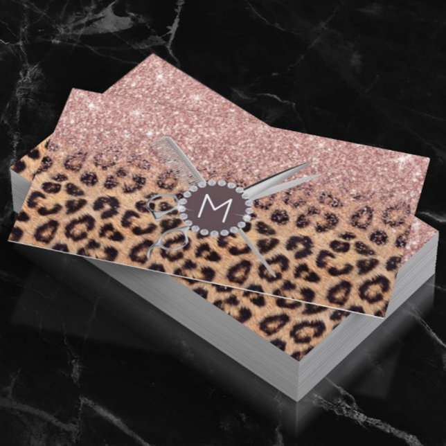 Hair Stylist Rose Gold Glitter Leopard Salon Business Card (Creator Uploaded)
