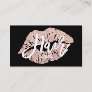 Hair stylist rose gold glitter lips typography business card