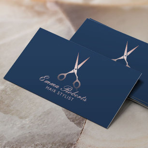 Hair Stylist Rose Gold Scissor Elegant Navy Blue Business Card