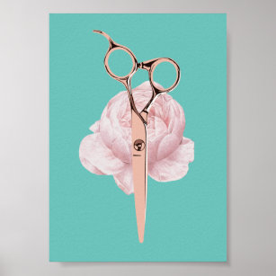 Hair Stylist Rose Gold Scissor & Flower Teal Salon Poster