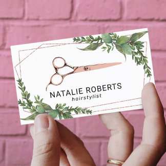 Hair Stylist Rose Gold Scissor Geometric Greenery Business Card