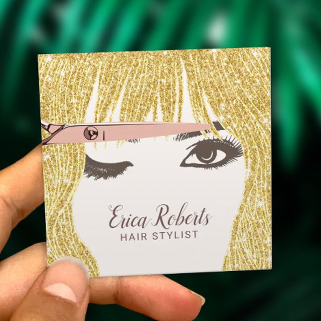 Hair Stylist Rose Gold Scissor & Girl Beauty Salon Square Business Card (Creator Uploaded)