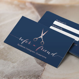 Hair Stylist Rose Gold Scissor Navy Blue Referral Card