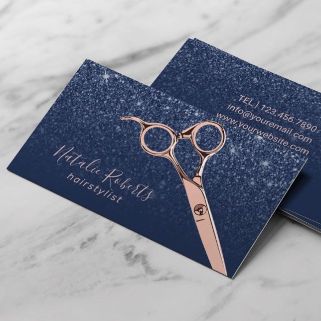 Hair Stylist Rose Gold Scissor Navy Glitter Salon Business Card (Creator Uploaded)