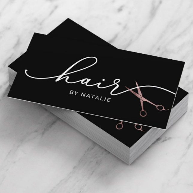 Hair Stylist Rose Gold Scissor Typography Black Business Card (Creator Uploaded)