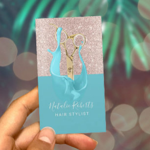 Hair Stylist Rose Gold & Turquoise Splash Scissor Business Card